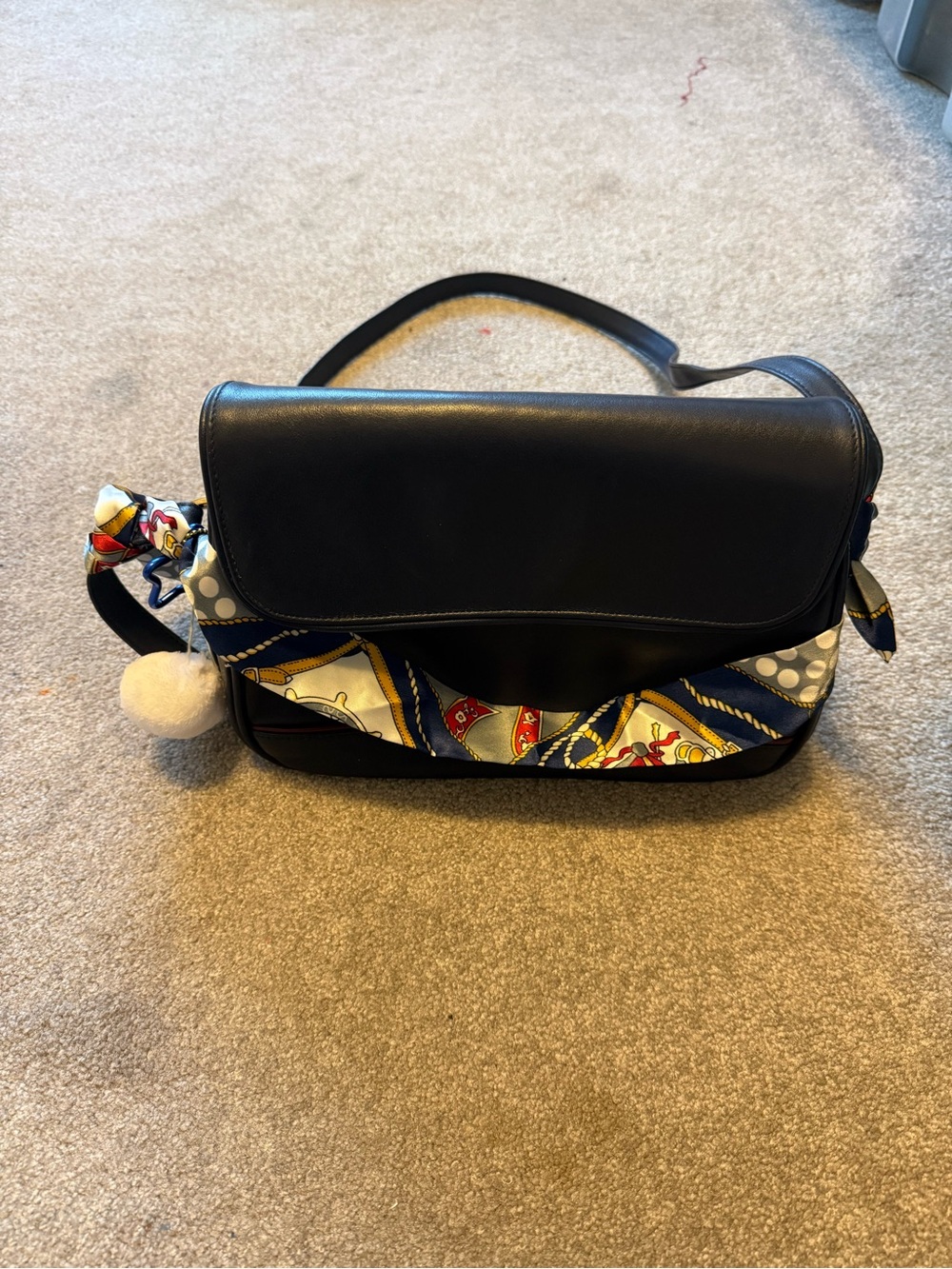 Navy blue Leather Shoulder Bag with Patterned Scarf Accent - Picture 2 of 11